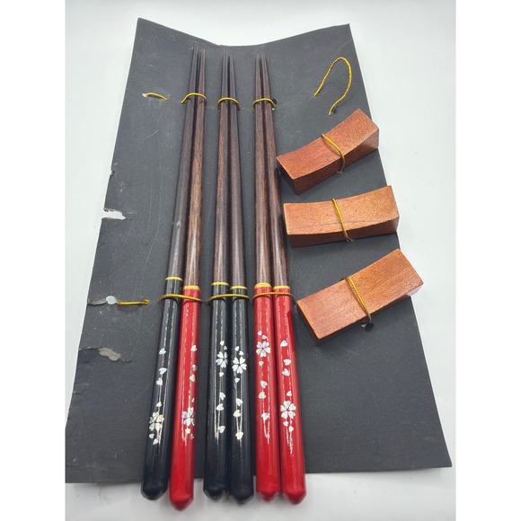 Other - 3 Pair Wooden Chopstick Set with Rests Red Black Lacquer Sakura Floral Design